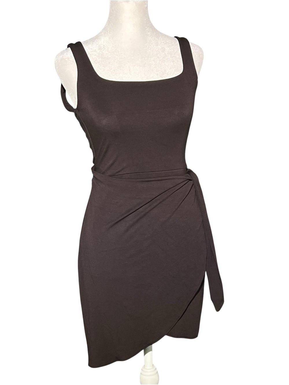 WILFRED Aritzia Dark Brown Faux Wrap Square Neck Stretch Mini Dress Size XS - Picture 3 of 13